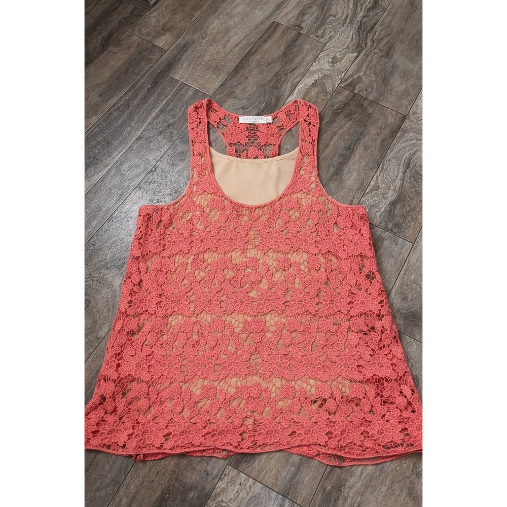 Solitaire by Mili New York S Coral Pink Crochet Lace Tank Boho Festival Sheer